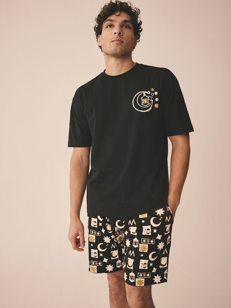 Noir - Ensemble pyjama short 100% coton assorti pour l’Aïd - Image 1 of 7
