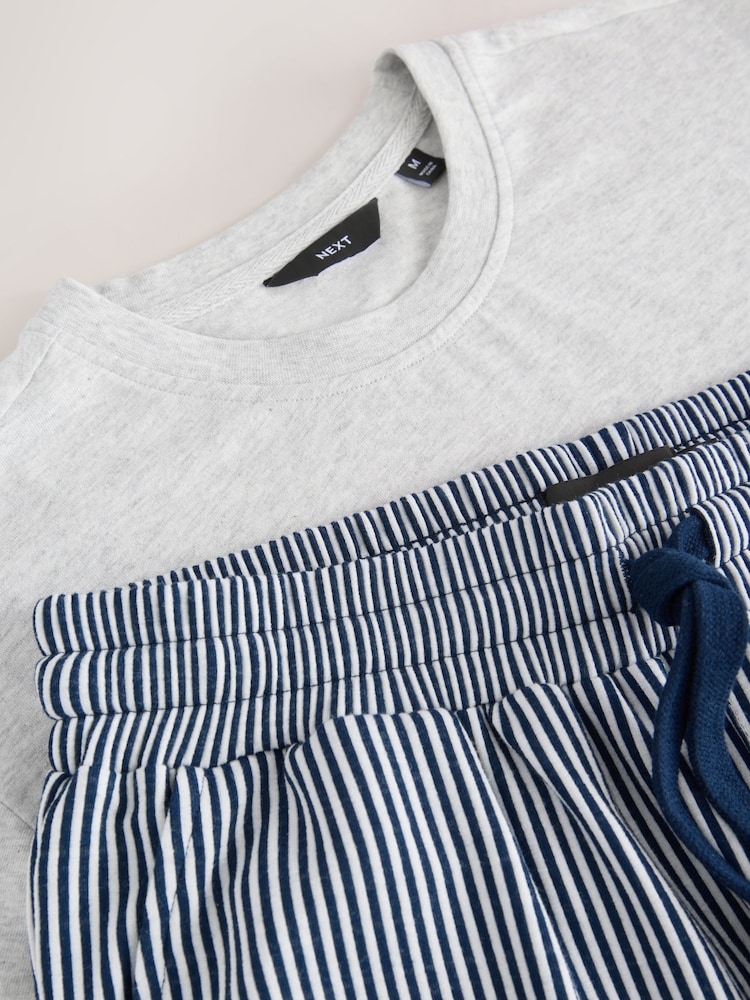 Grey/Navy Blue Jersey Supersoft Stripe Short Sleeve Pyjamas Set - Image 11 of 11