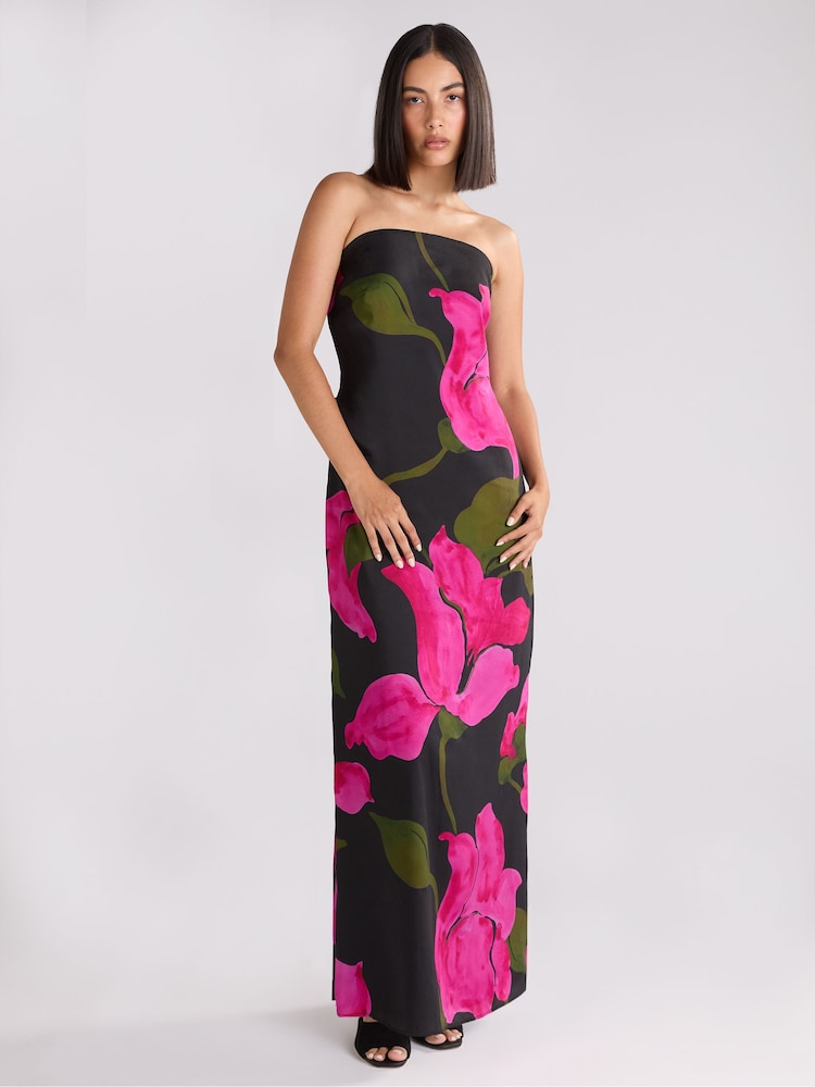 Ro&Zo Pink Petite Kira Floral Satin Bandeau Dress - Image 1 of 4 Ro&Zo Pink Petite Kira Floral Satin Bandeau Dress - Image 1 of 4