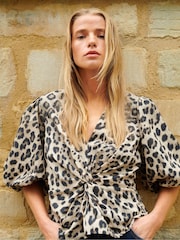 Ro&Zo Animal 100% Cotton Twist Front Leopard Print Blouse - Image 1 of 6