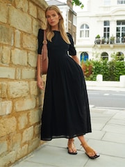 Ro&Zo Black Ro&Zo 100% Cotton Puff Sleeve Midi Black Dress - Image 1 of 7