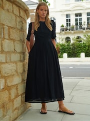 Ro&Zo Black Ro&Zo 100% Cotton Puff Sleeve Midi Black Dress - Image 3 of 7