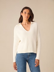 Ro&Zo Cream Knitted Collared V-Neck 100% Cotton Jumper - Image 1 of 7