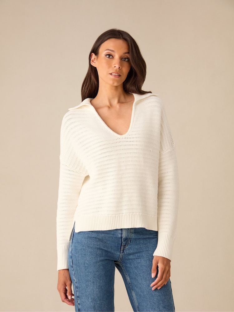 Ro&Zo Cream Knitted Collared V-Neck 100% Cotton Jumper - Image 1 of 7