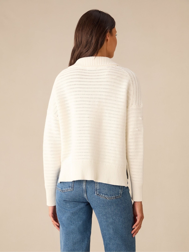 Ro&Zo Cream Knitted Collared V-Neck 100% Cotton Jumper - Image 2 of 7