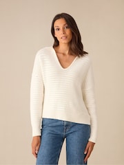 Ro&Zo Cream Knitted Collared V-Neck 100% Cotton Jumper - Image 3 of 7