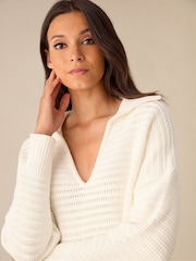 Ro&Zo Cream Knitted Collared V-Neck 100% Cotton Jumper - Image 5 of 7