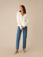 Ro&Zo Cream Knitted Collared V-Neck 100% Cotton Jumper - Image 6 of 7
