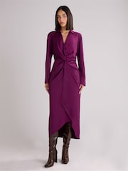 Ro&Zo Burgundy Red Satin Twist Front Shirt Dress - Image 3 of 6