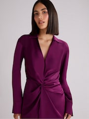 Ro&Zo Burgundy Red Satin Twist Front Shirt Dress - Image 4 of 6