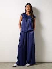 Ro&Zo Blue Satin Gathered Front Top - Image 1 of 5