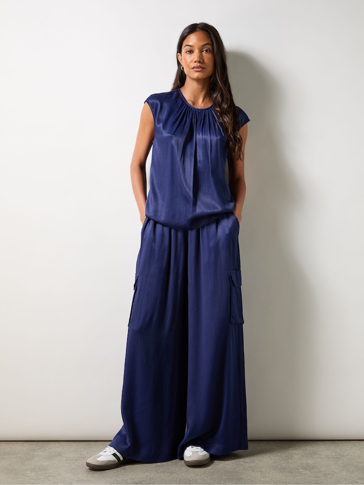 Ro&Zo Blue Satin Gathered Front Top - Image 1 of 5