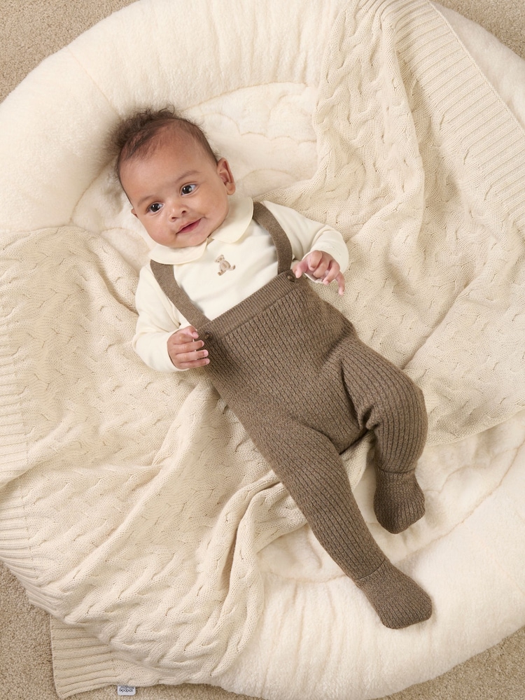 Mamas & Papas 100% Cotton Teddy Bear Knitted Brown Dungarees And Bodysuit Set - Image 1 of 8