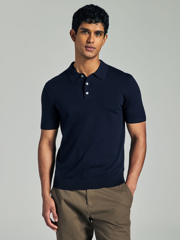 Navy Blue Regular Fit Cotton Rich Short Sleeve Knit Polo Shirt - Image 1 of 7 Navy Blue Regular Fit Cotton Rich Short Sleeve Knit Polo Shirt - Image 1 of 7