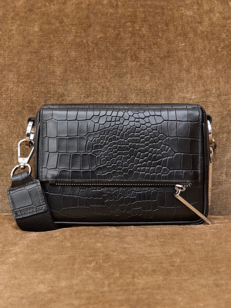Whistles Bibi Croc Cross-Body Black Bag - Image 1 of 6