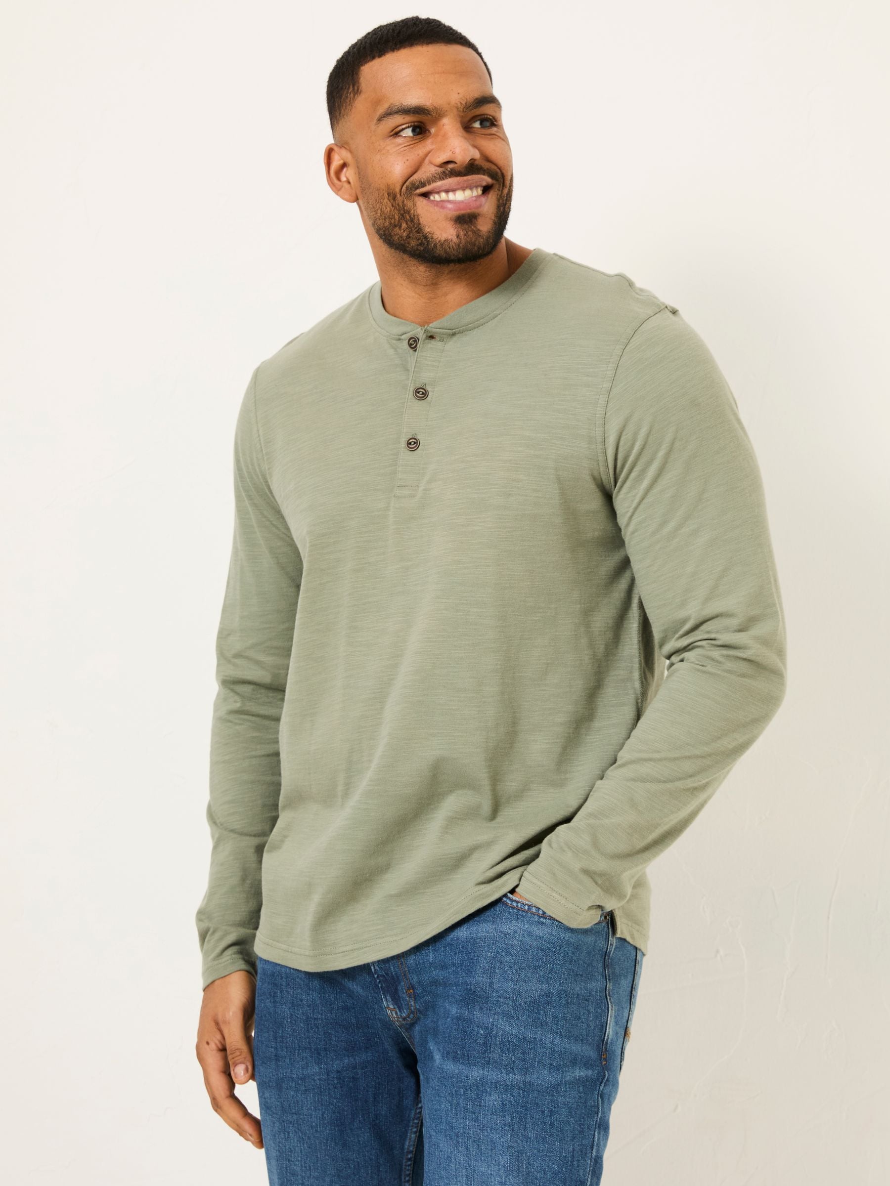 Buy FatFace Woodside Dusky Green Long Sleeve Henley T Shirt from