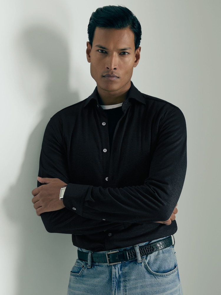 Reiss Navy Brescia Atelier Linen-Blend-Jersey Shirt - Image 1 of 6