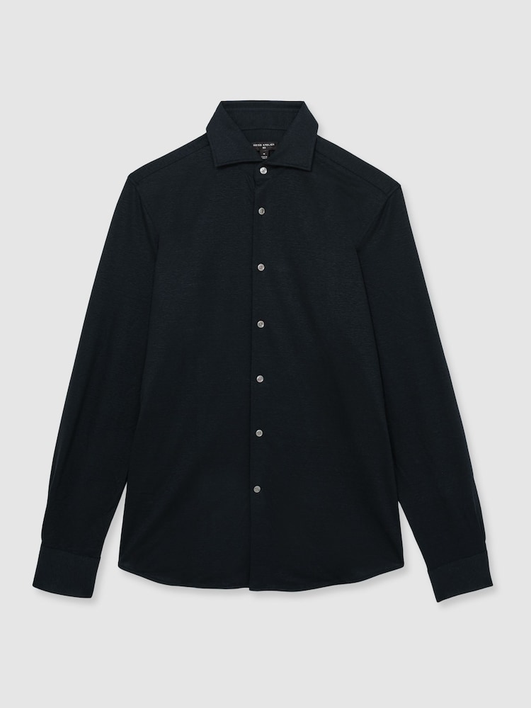 Reiss Navy Brescia Atelier Linen-Blend-Jersey Shirt - Image 2 of 6