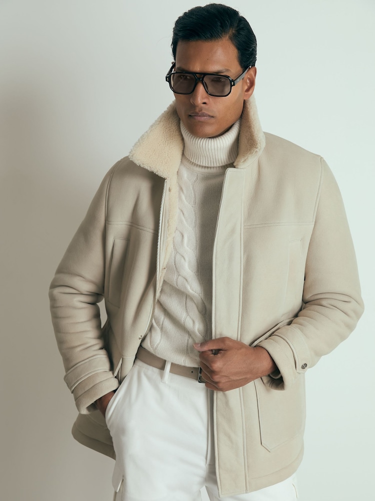 Reiss Off White Strava Atelier Suede Zip-Through Shearling Jacket - Image 1 of 8