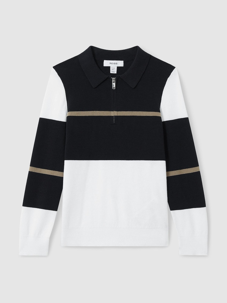 Reiss Navy/White/Camel Tokyo 13-14 yrs Colour-Block Half-Zip Polo Shirt - Image 1 of 4