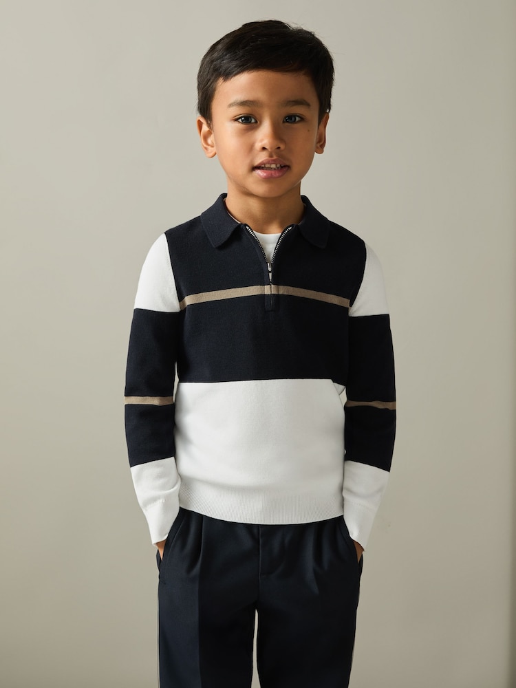 Reiss Navy/White/Camel Tokyo 13-14 yrs Colour-Block Half-Zip Polo Shirt - Image 2 of 4