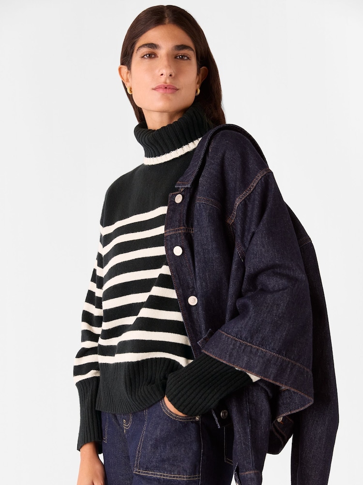 Whistles Stripe Wool Roll Neck Black Jumper - Image 3 of 5