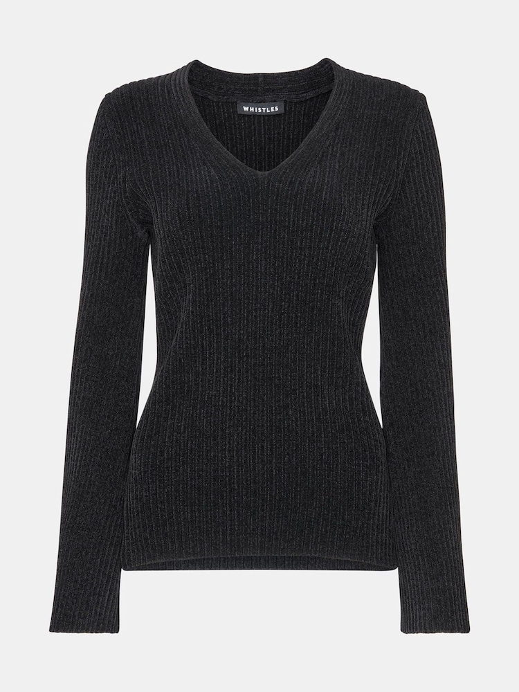 Whistles Black Chenille V-Neck Knit Jumper - Image 5 of 5