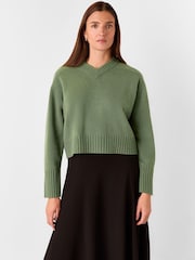 Whistles Green Wool V-Neck Knitted Jumper - Imaginea 1 din 5