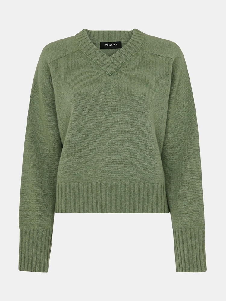 Whistles Green Wool V-Neck Knitted Jumper - Image 5 of 5