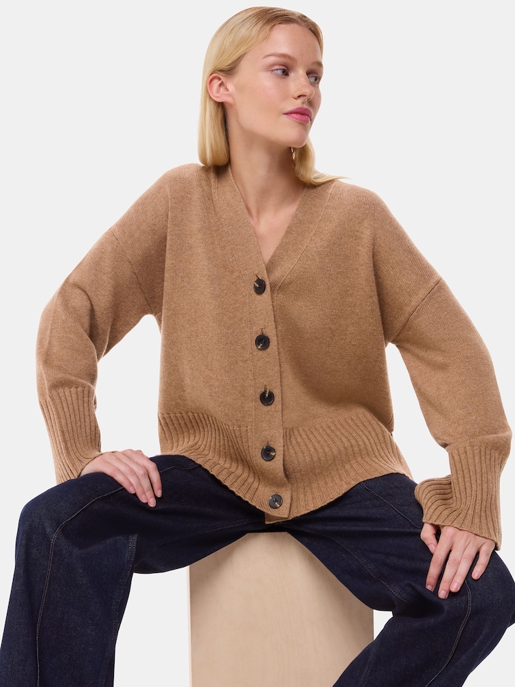 Whistles Brown Cashmere Blend Ribbed Cardigan - Image 1 of 5