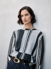 Whistles Block Stripe Wool Knit Black Jumper - Image 1 of 6
