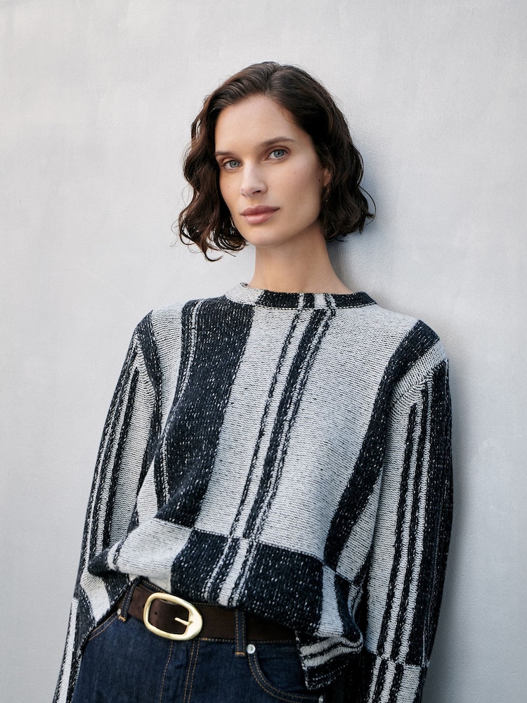 Whistles Block Stripe Wool Knit Black Jumper - Image 1 of 6