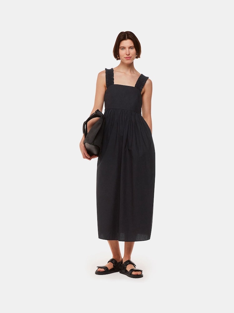 Whistles Black Ruffle Strap Poplin Midi 100% Cotton Black Dress - Image 1 of 5 Whistles Black Ruffle Strap Poplin Midi 100% Cotton Black Dress - Image 1 of 5