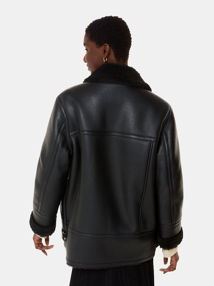 Whistles Faux Fur Aviator Black Coat - Image 2 of 5