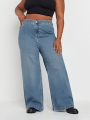 Yours Curve Blue Wide Leg Pull On Puddle Jeans - Image 1 of 6