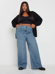 Yours Curve Blue Wide Leg Pull On Puddle Jeans - Image 2 of 6