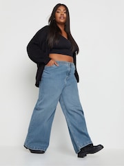 Yours Curve Blue Wide Leg Pull On Puddle Jeans - Image 3 of 6