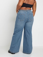 Yours Curve Blue Wide Leg Pull On Puddle Jeans - Image 4 of 6