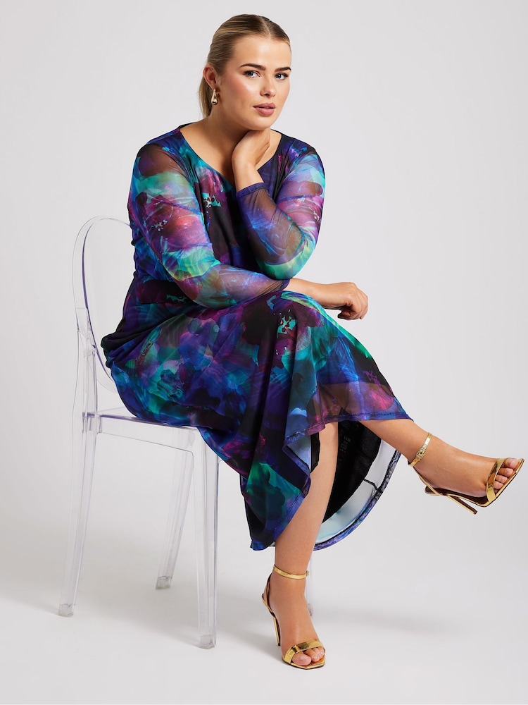Yours Curve Blue London Mesh Dress - Image 1 of 5