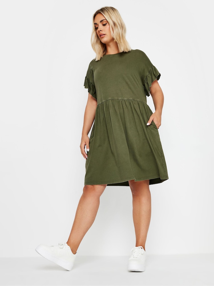 Yours Curve Green Frill Acid Wash 100% Cotton Dress - Image 2 of 4