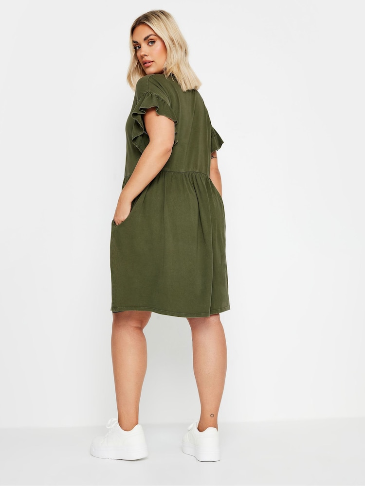 Yours Curve Green Frill Acid Wash 100% Cotton Dress - Image 3 of 4