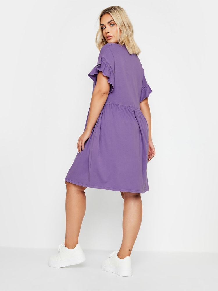 Yours Curve Purple Frill Acid Wash 100% Cotton Dress - Image 3 of 5