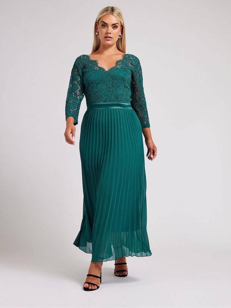 Yours Curve Green London Wrap Lace Pleated Maxi Dress - Image 1 of 4