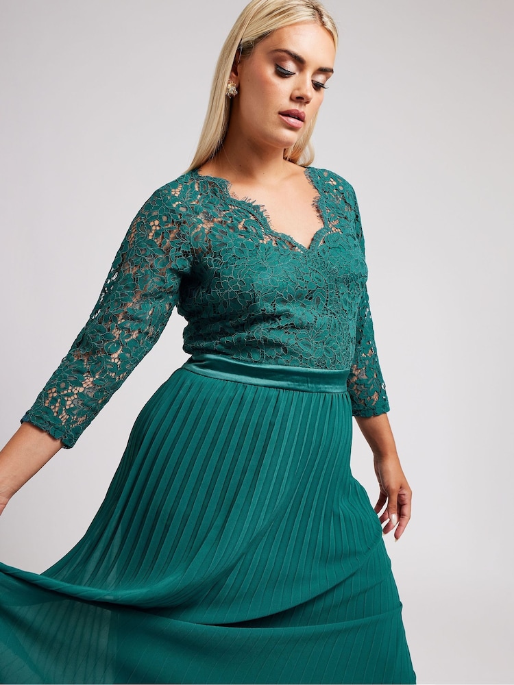 Yours Curve Green London Wrap Lace Pleated Maxi Dress - Image 4 of 4
