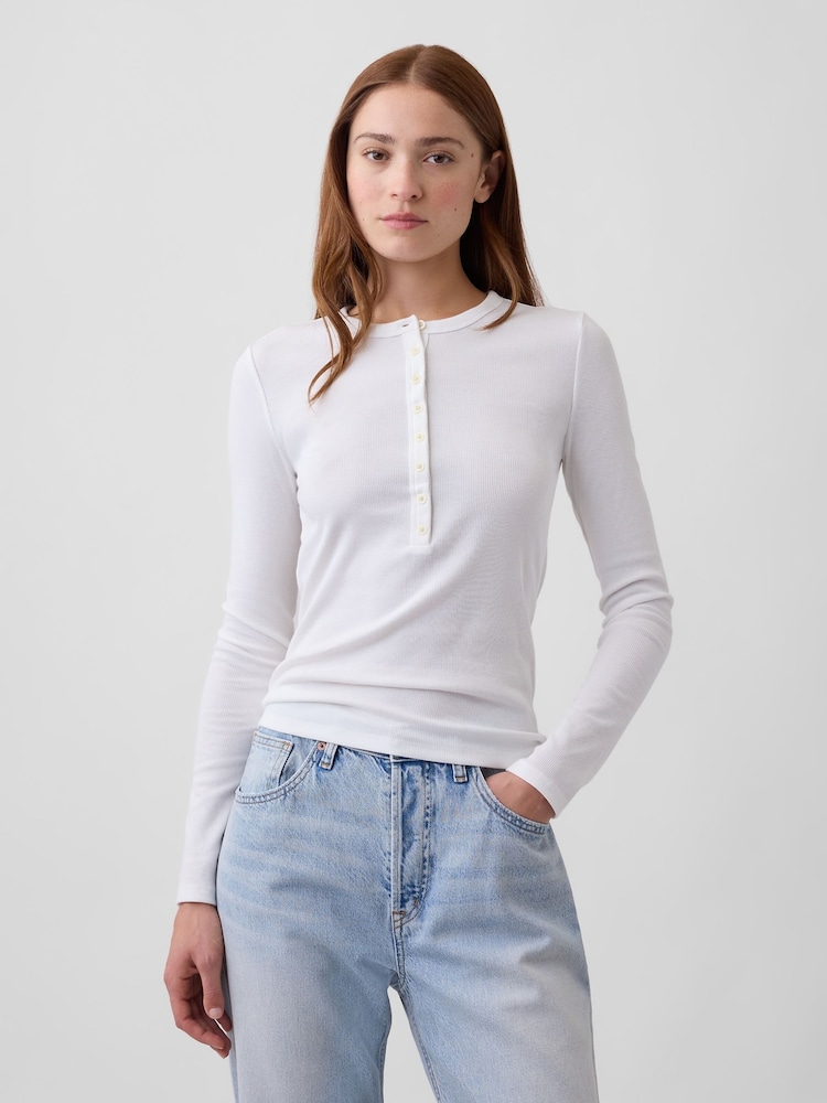Gap White Ribbed Henley Long Sleeve T-Shirt - Image 1 of 5
