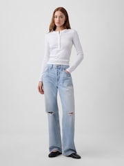 Gap White Ribbed Henley Long Sleeve T-Shirt - Image 3 of 5