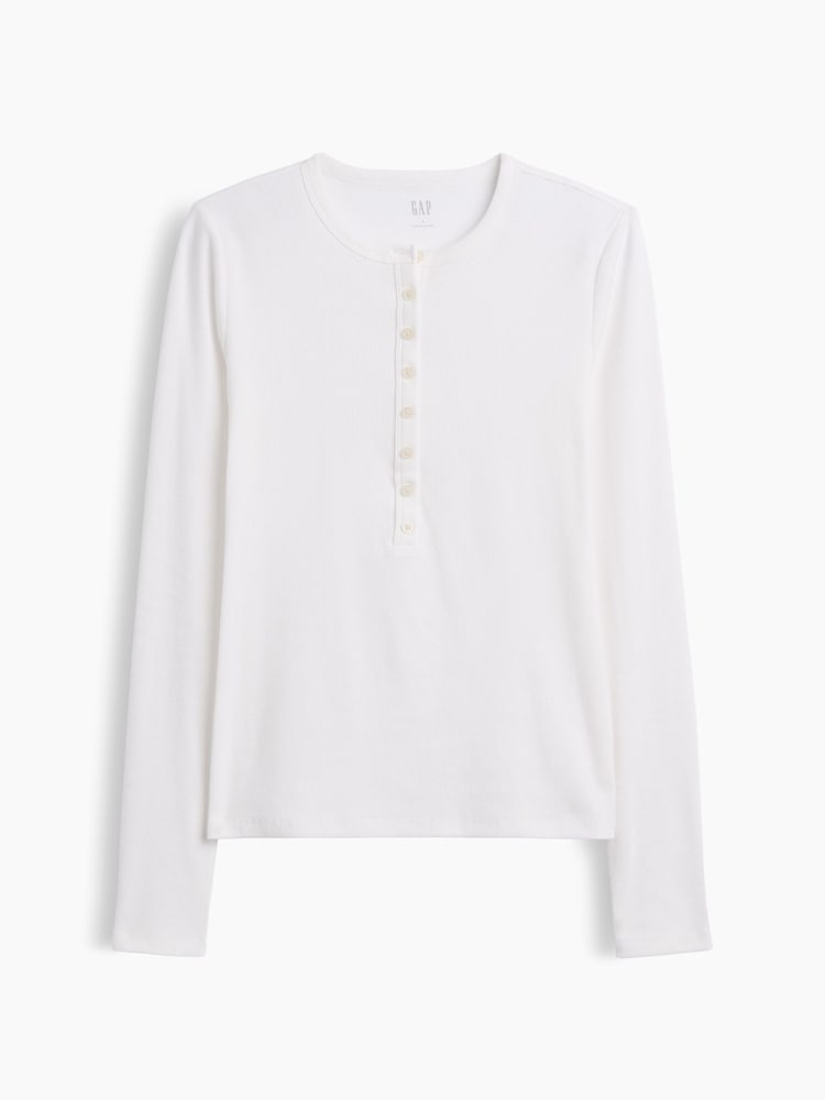 Gap White Ribbed Henley Long Sleeve T-Shirt - Image 5 of 5