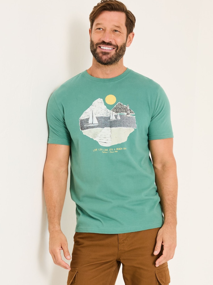 FatFace Teal Collage Landscape 100% Cotton Short Sleeve Graphic T-Shirt - Image 2 of 6