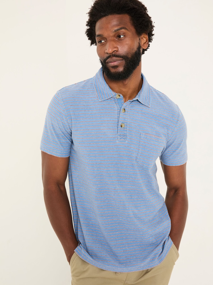 Indigo Blue 100% Cotton Perranporth Stripe Polo Shirt - Image 1 of 5