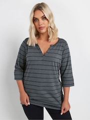 Yours Curve Grey Notch Neck 3/4 Sleeve 100% Cotton T-Shirt - Image 1 of 4